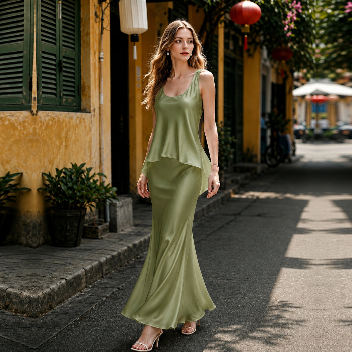 Asymmetric Silk Tank Top and Bias Maxi Skirt Set | SBH-006