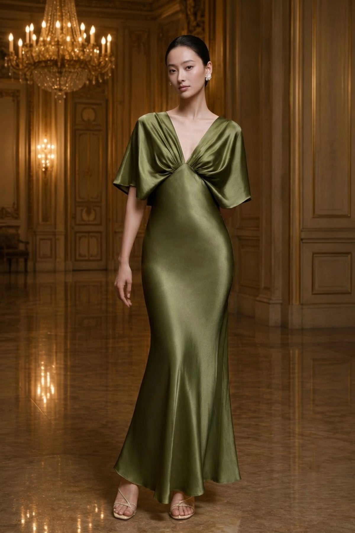 Cape Sleeve Silk Evening Gown with Deep V Neck | SBH-015
