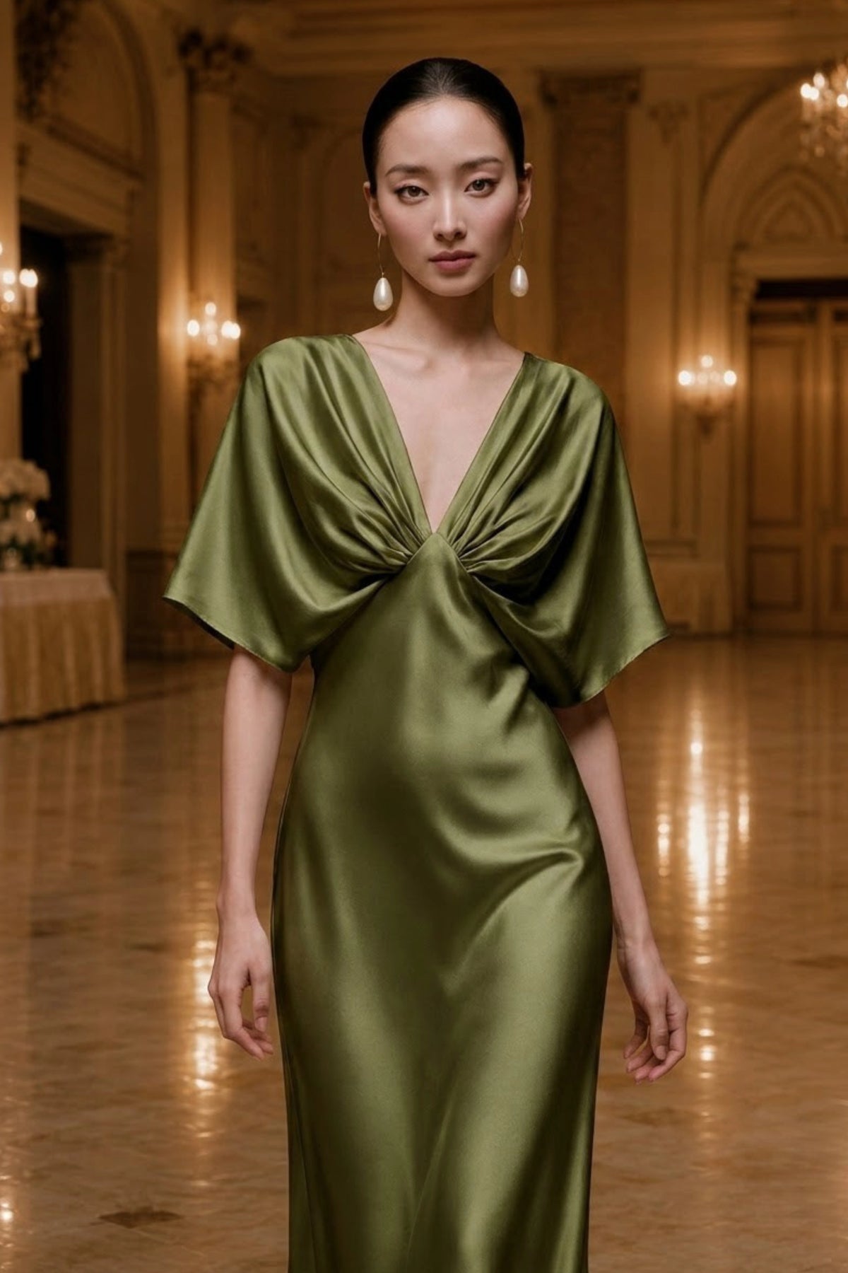 Cape Sleeve Silk Evening Gown with Deep V Neck | SBH-015