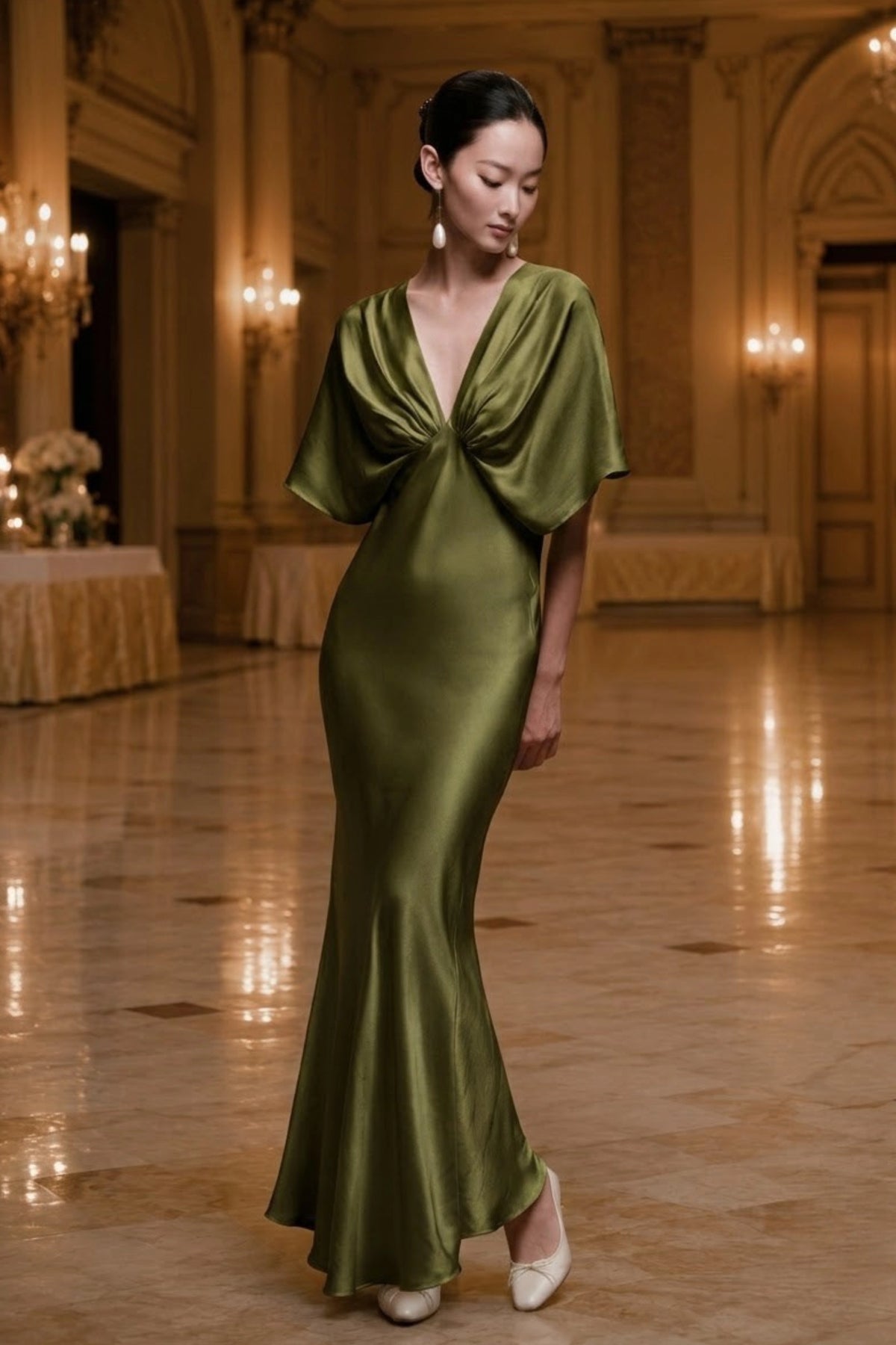 Cape Sleeve Silk Evening Gown with Deep V Neck | SBH-015