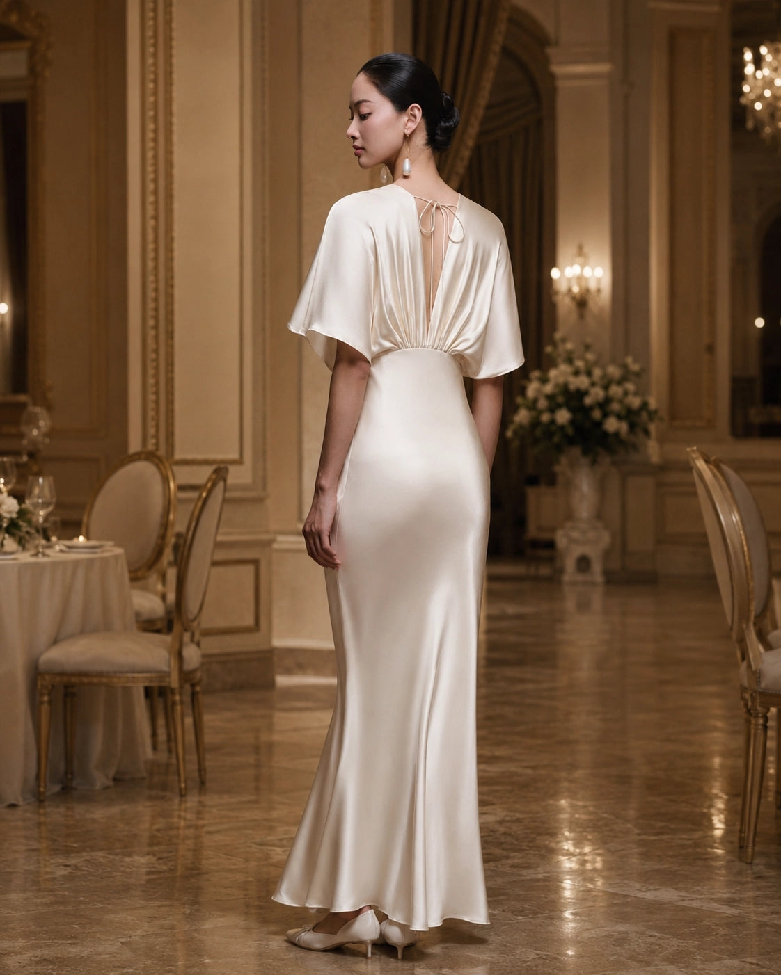 Cape Sleeve Silk Evening Gown with Deep V Neck | SBH-015