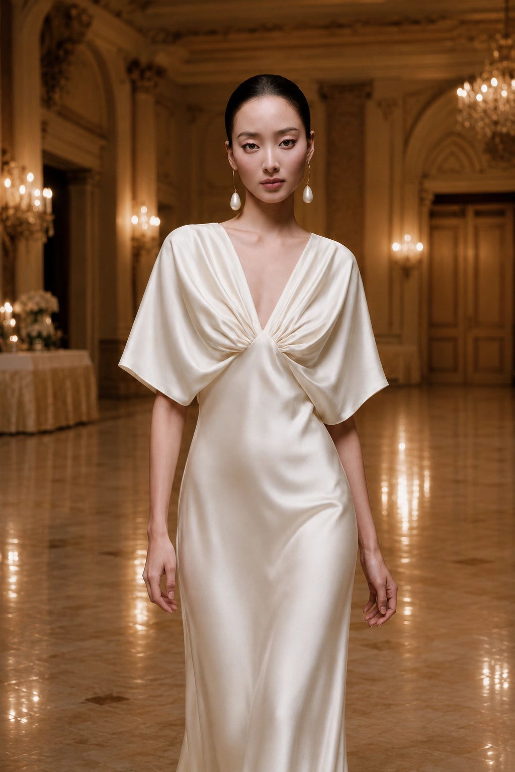 Cape Sleeve Silk Evening Gown with Deep V Neck | SBH-015