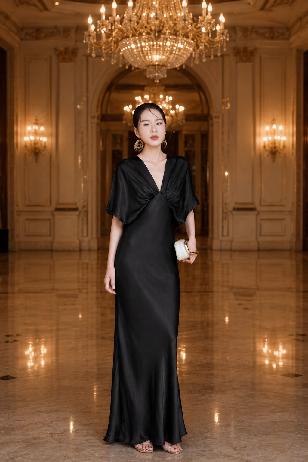 Cape Sleeve Silk Evening Gown with Deep V Neck | SBH-015