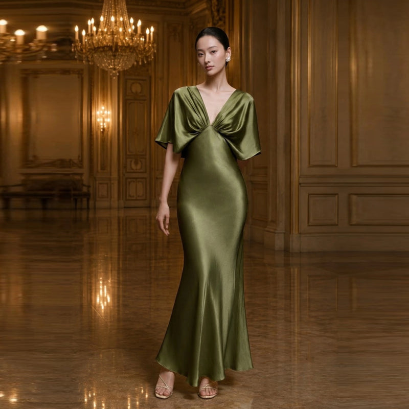 Cape Sleeve Silk Evening Gown with Deep V Neck | SBH-015