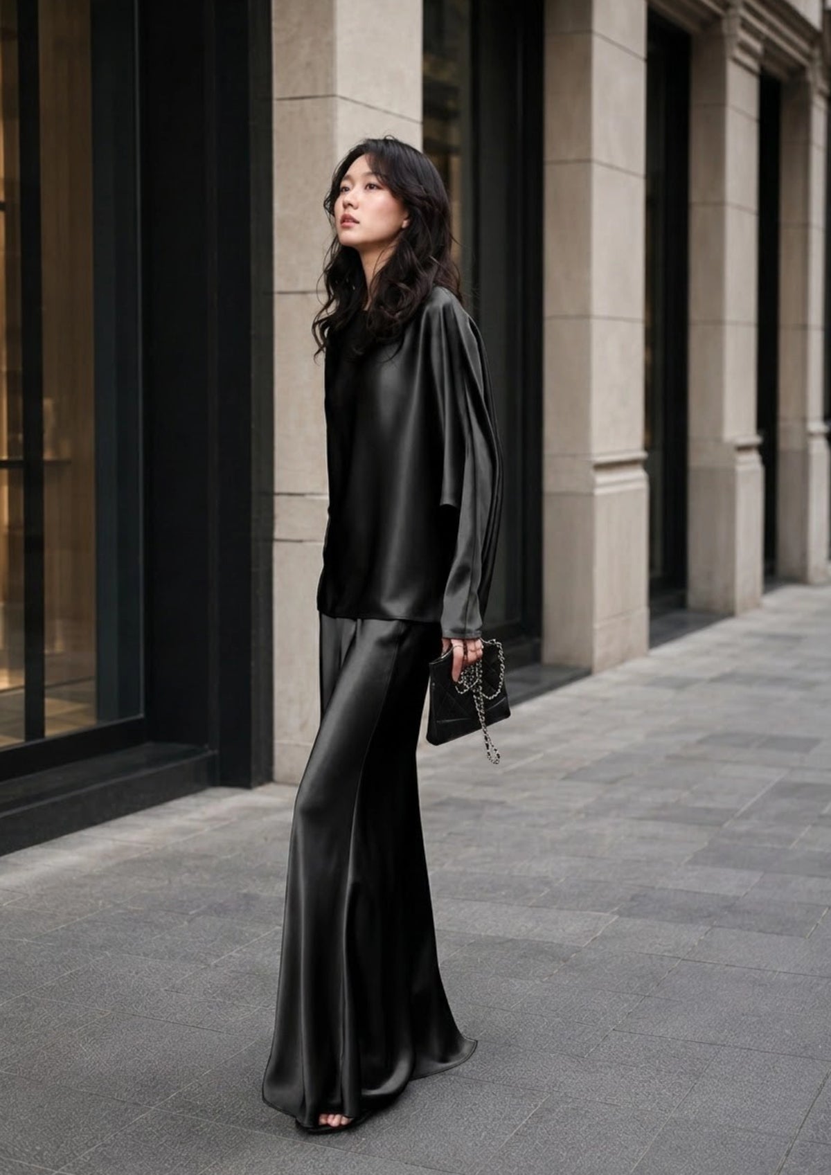 Draped Long Sleeve Silk Skirt Set for Elegant Evenings | SBH-005