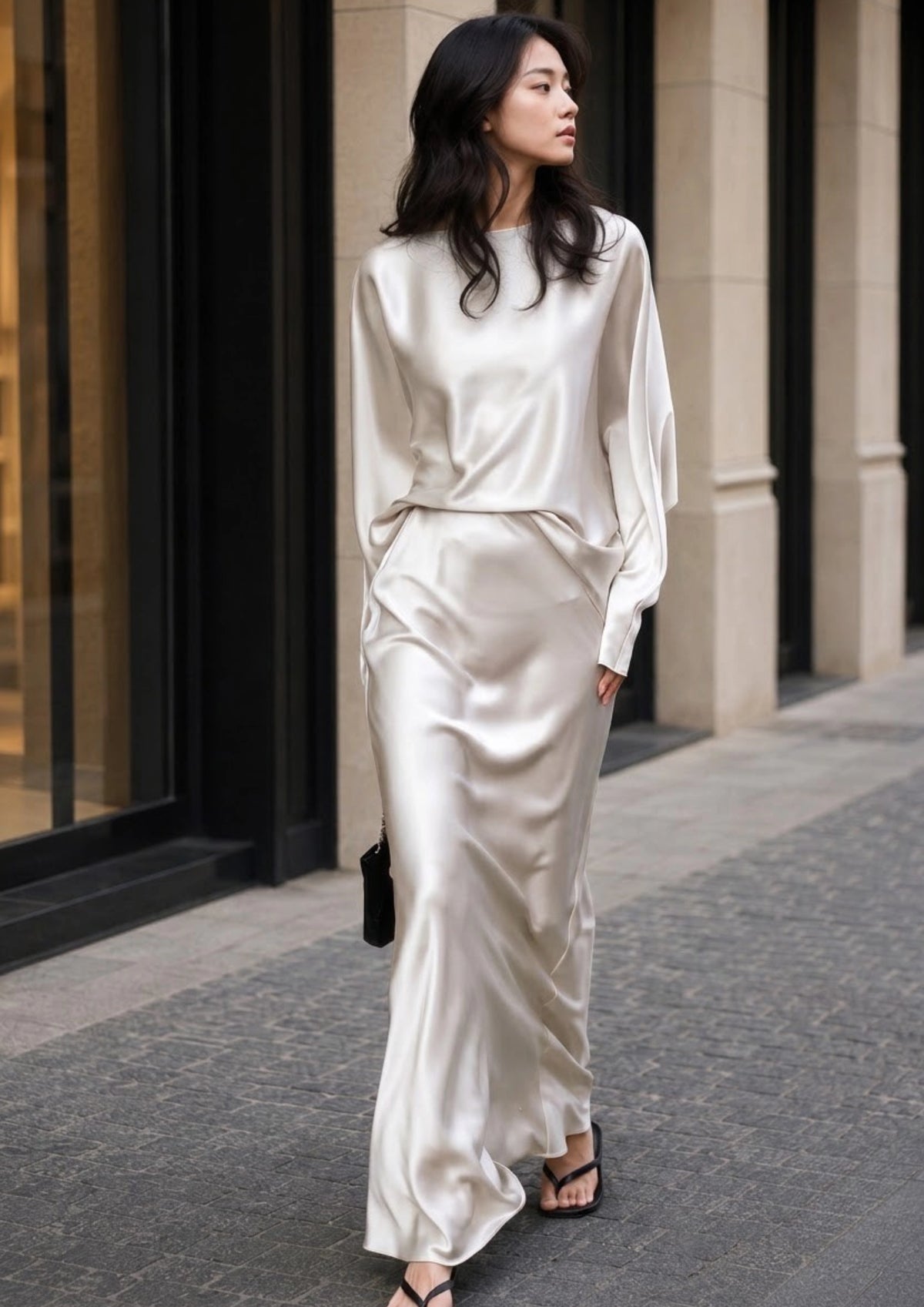 Draped Long Sleeve Silk Skirt Set for Elegant Evenings | SBH-005