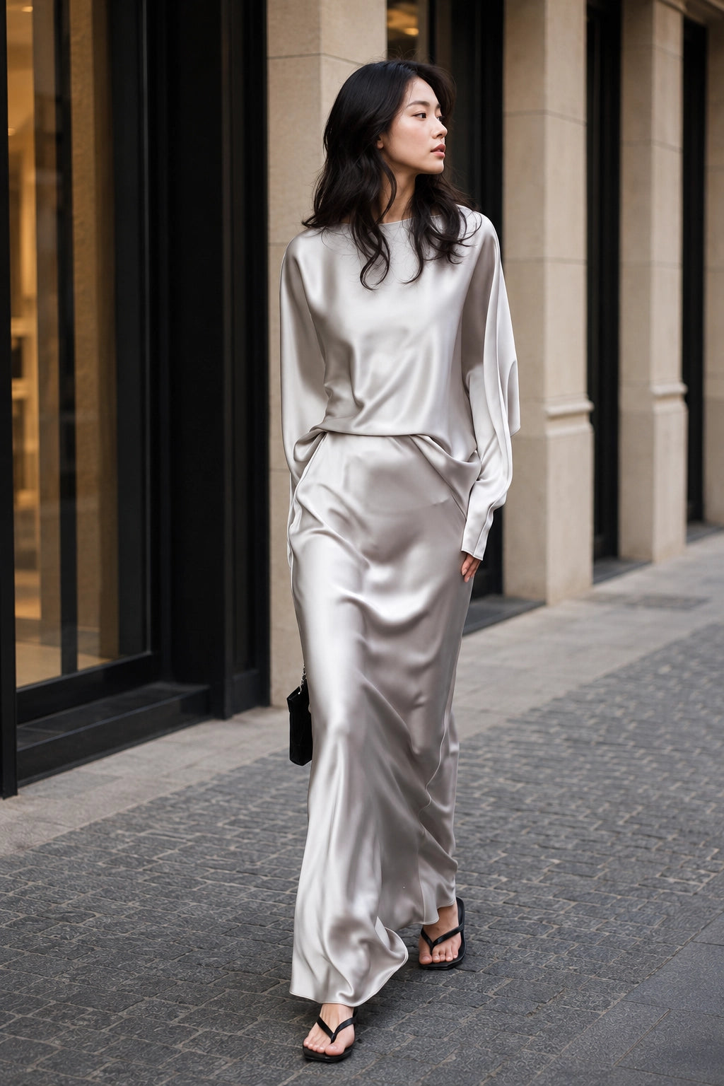 Draped Long Sleeve Silk Skirt Set for Elegant Evenings | SBH-005