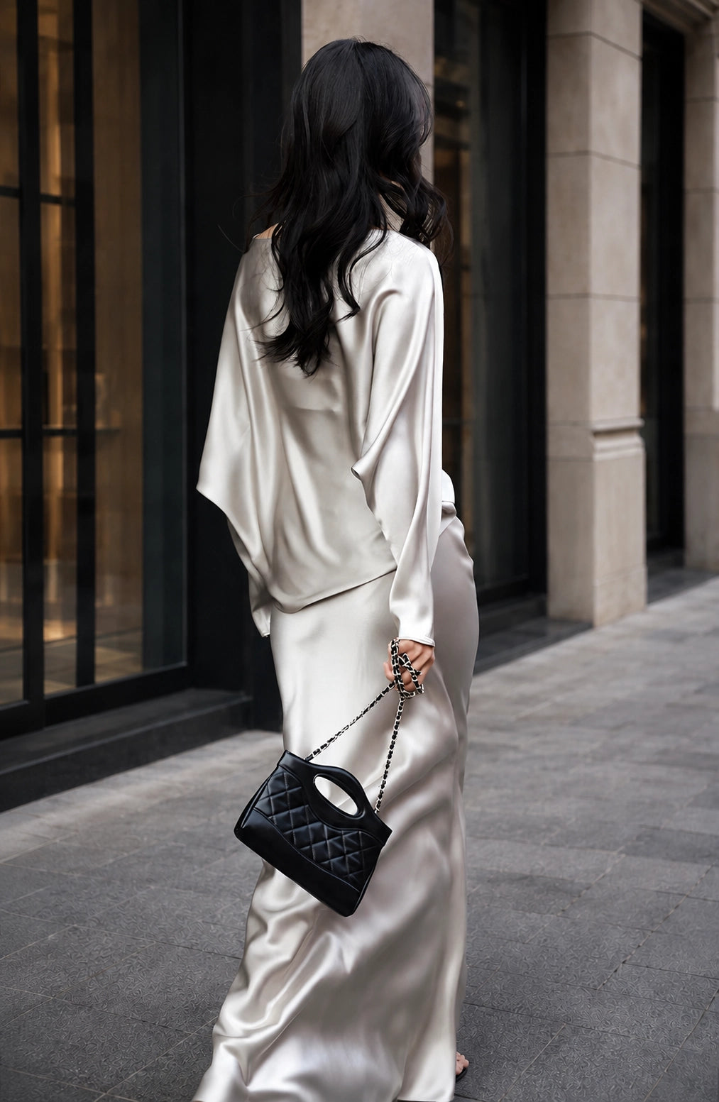 Draped Long Sleeve Silk Skirt Set for Elegant Evenings | SBH-005