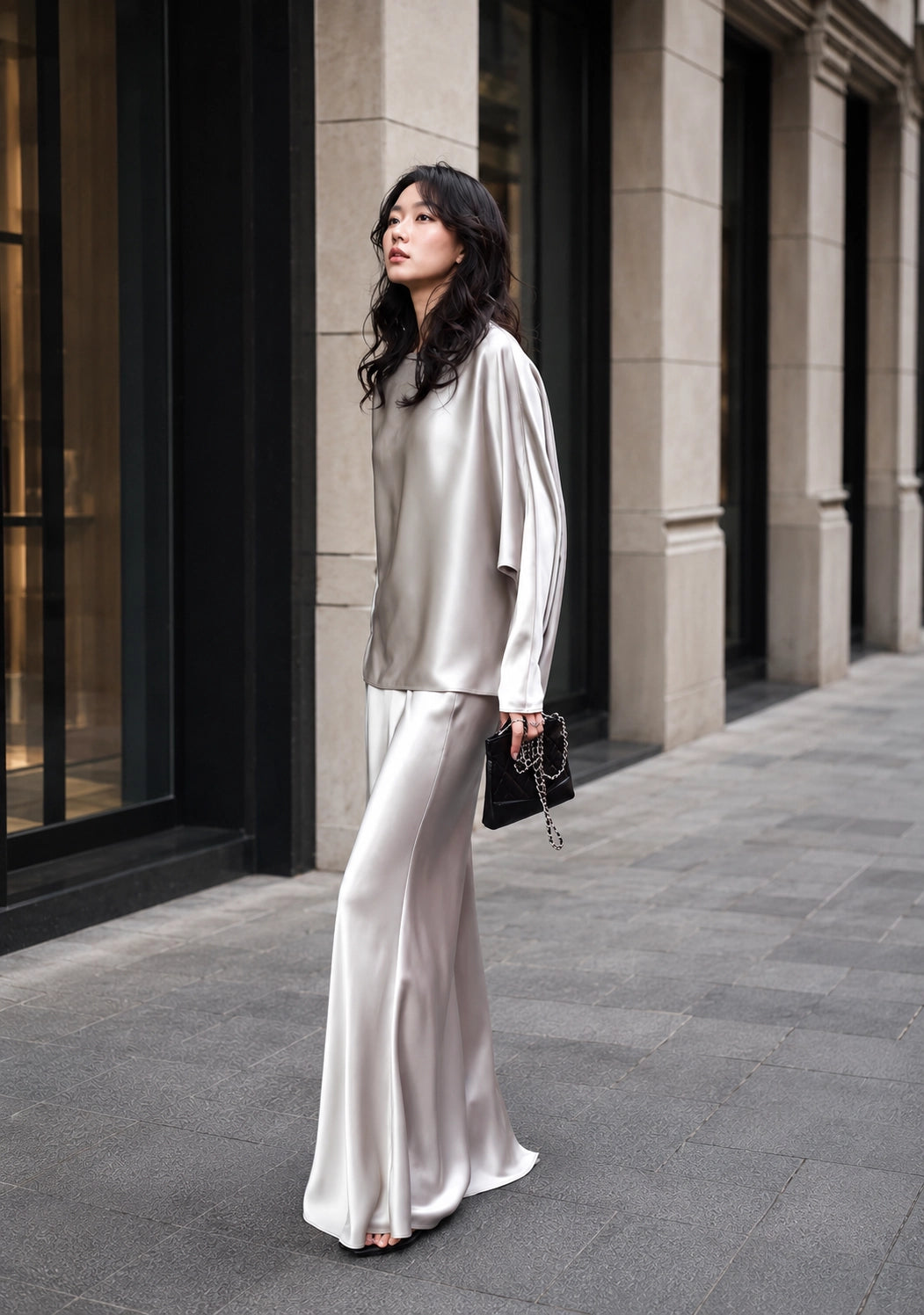 Draped Long Sleeve Silk Skirt Set for Elegant Evenings | SBH-005