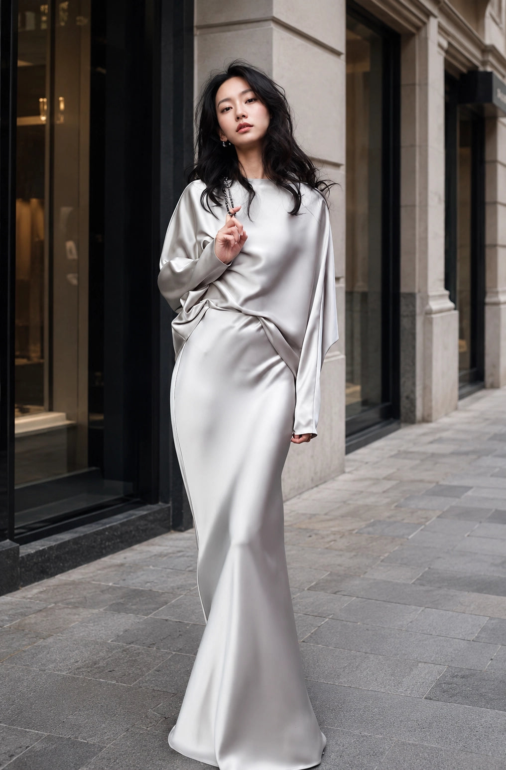 Draped Long Sleeve Silk Skirt Set for Elegant Evenings | SBH-005