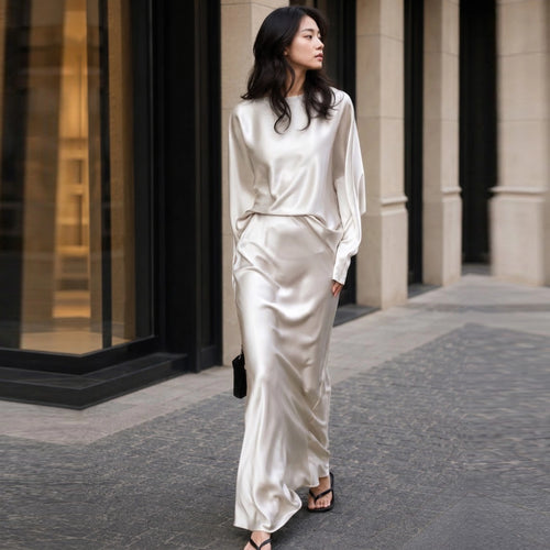 Draped Long Sleeve Silk Skirt Set for Elegant Evenings | SBH-005