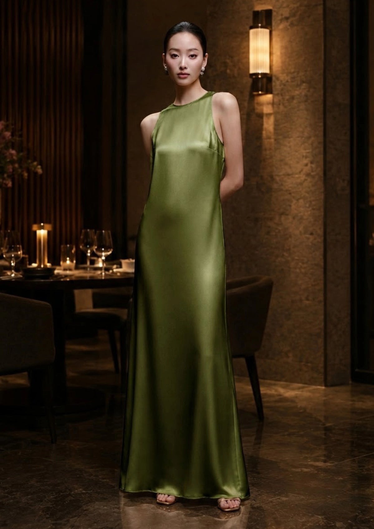 Hochgeschlossenes Seidenkleid im Säulen-Schnitt für Quiet-Luxury-Styling | SBH-013