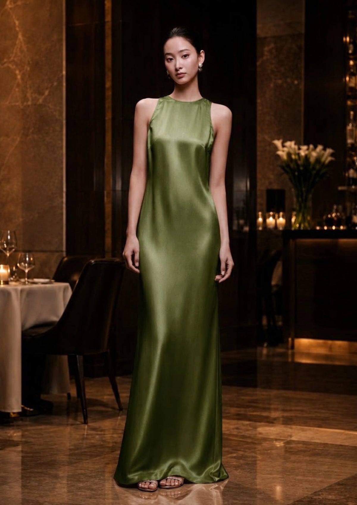 Hochgeschlossenes Seidenkleid im Säulen-Schnitt für Quiet-Luxury-Styling | SBH-013
