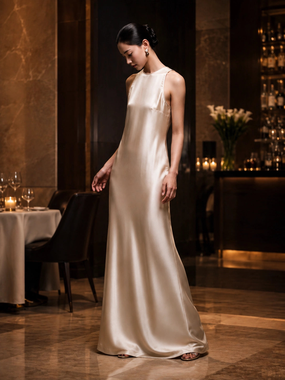 Hochgeschlossenes Seidenkleid im Säulen-Schnitt für Quiet-Luxury-Styling | SBH-013
