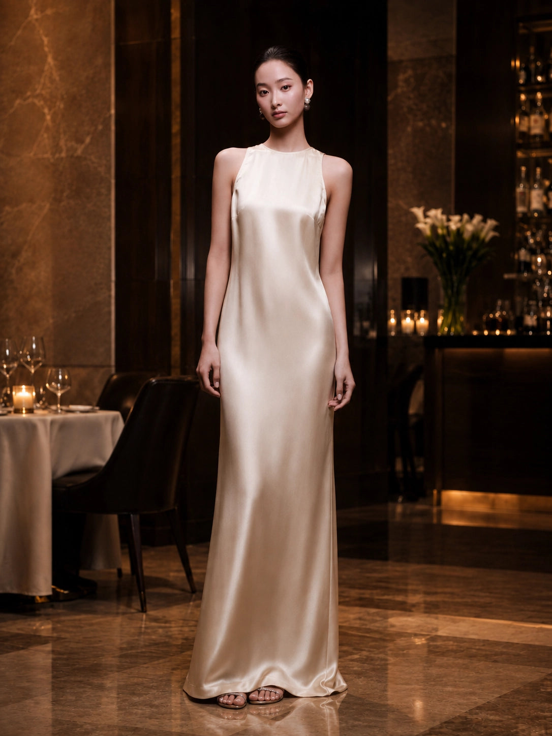 Hochgeschlossenes Seidenkleid im Säulen-Schnitt für Quiet-Luxury-Styling | SBH-013