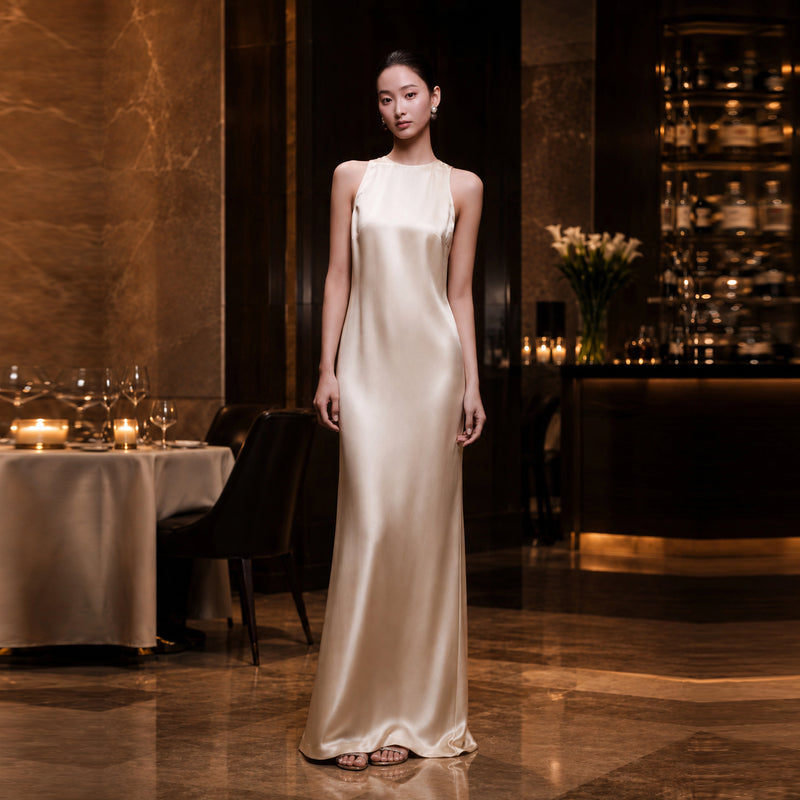 High Neck Silk Column Dress for Quiet Luxury Styling | SBH-013