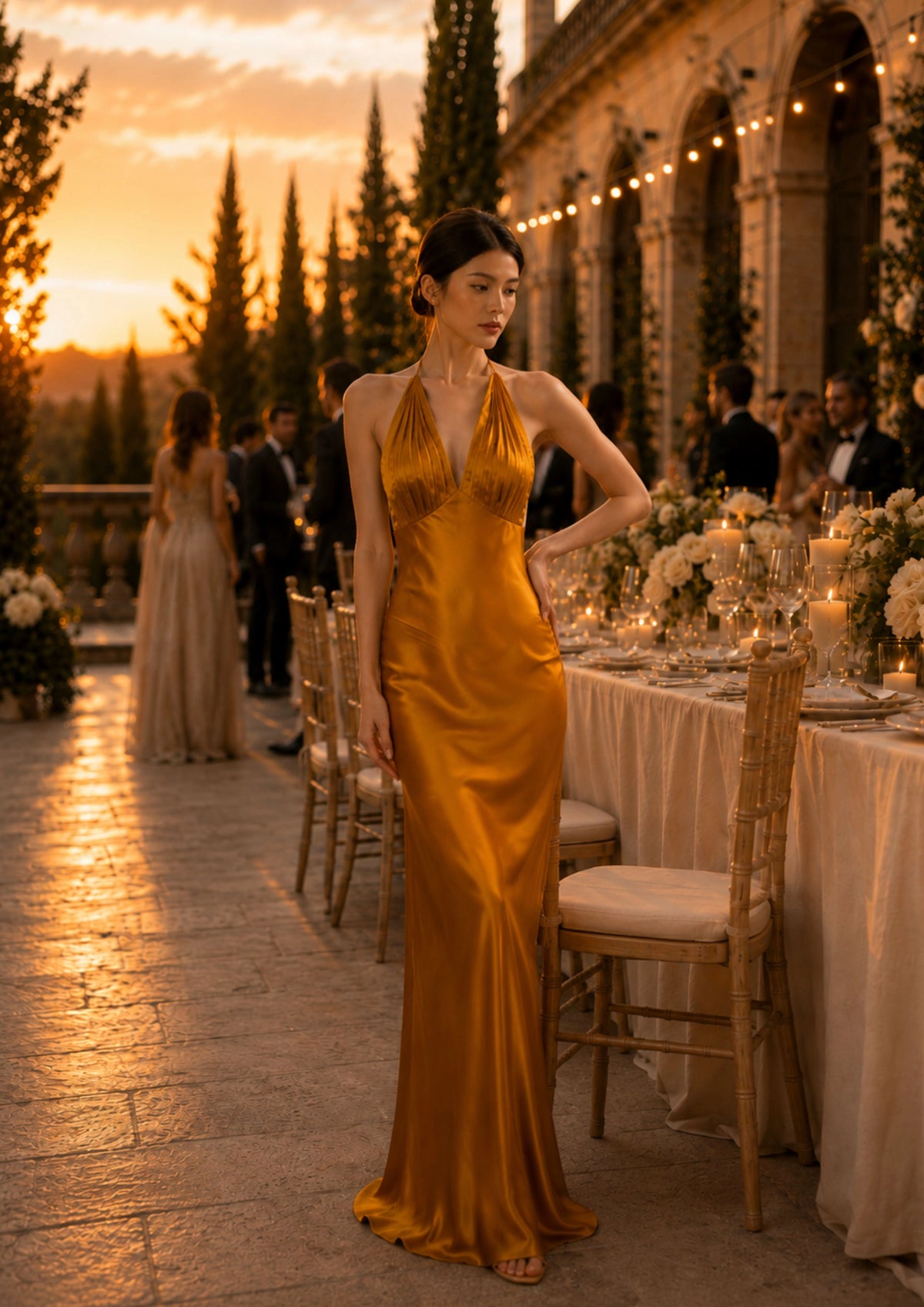 Robe longue dos nu en soie pour soirée | SBH-010