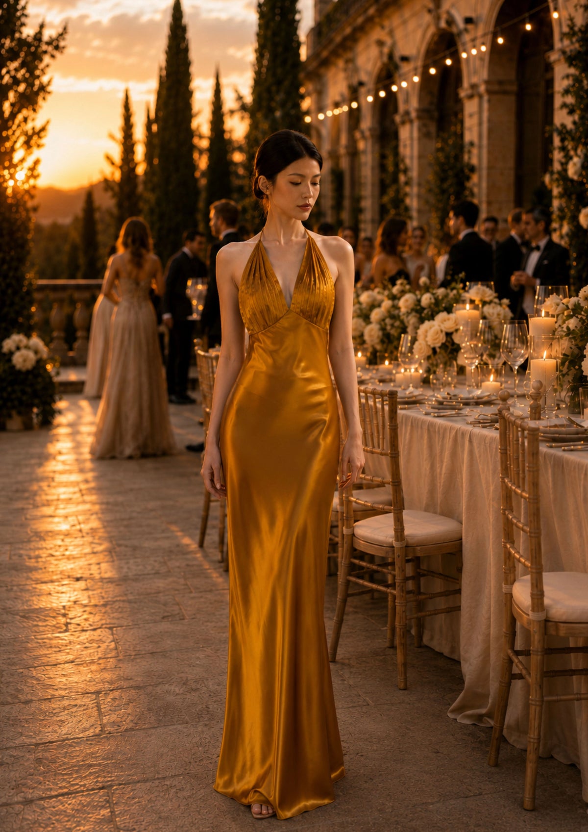 Robe longue dos nu en soie pour soirée | SBH-010