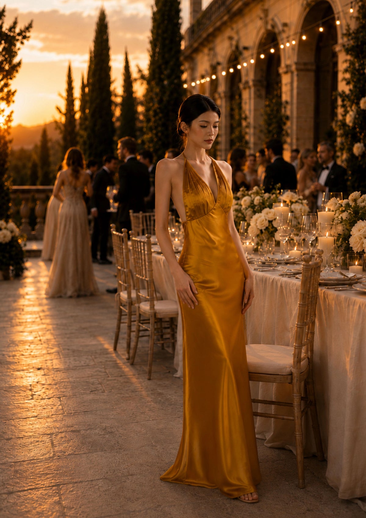Robe longue dos nu en soie pour soirée | SBH-010