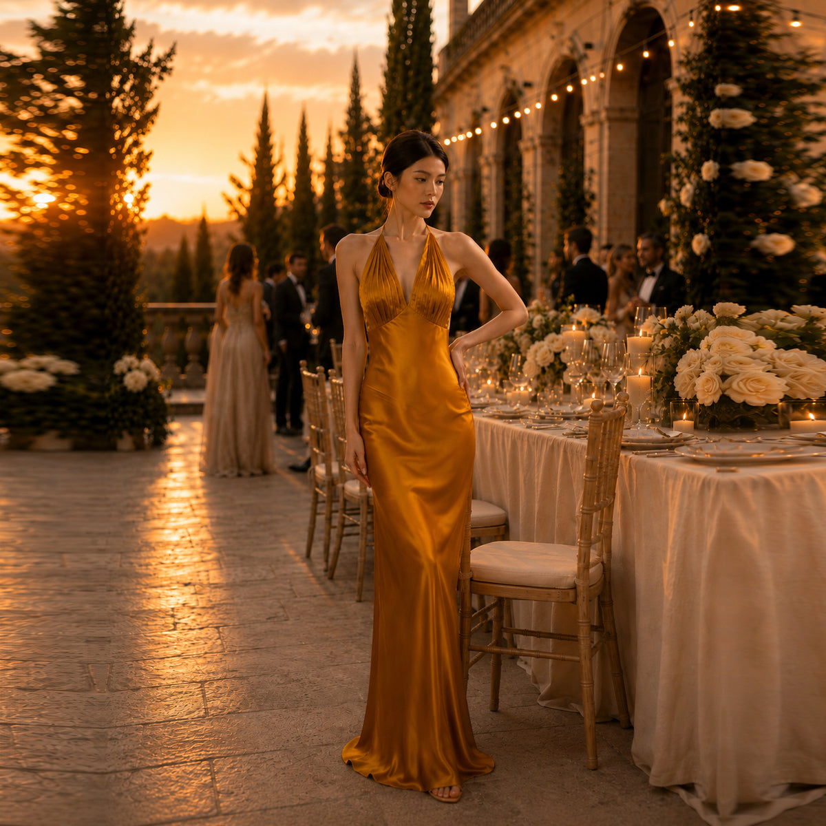 Robe longue dos nu en soie pour soirée | SBH-010