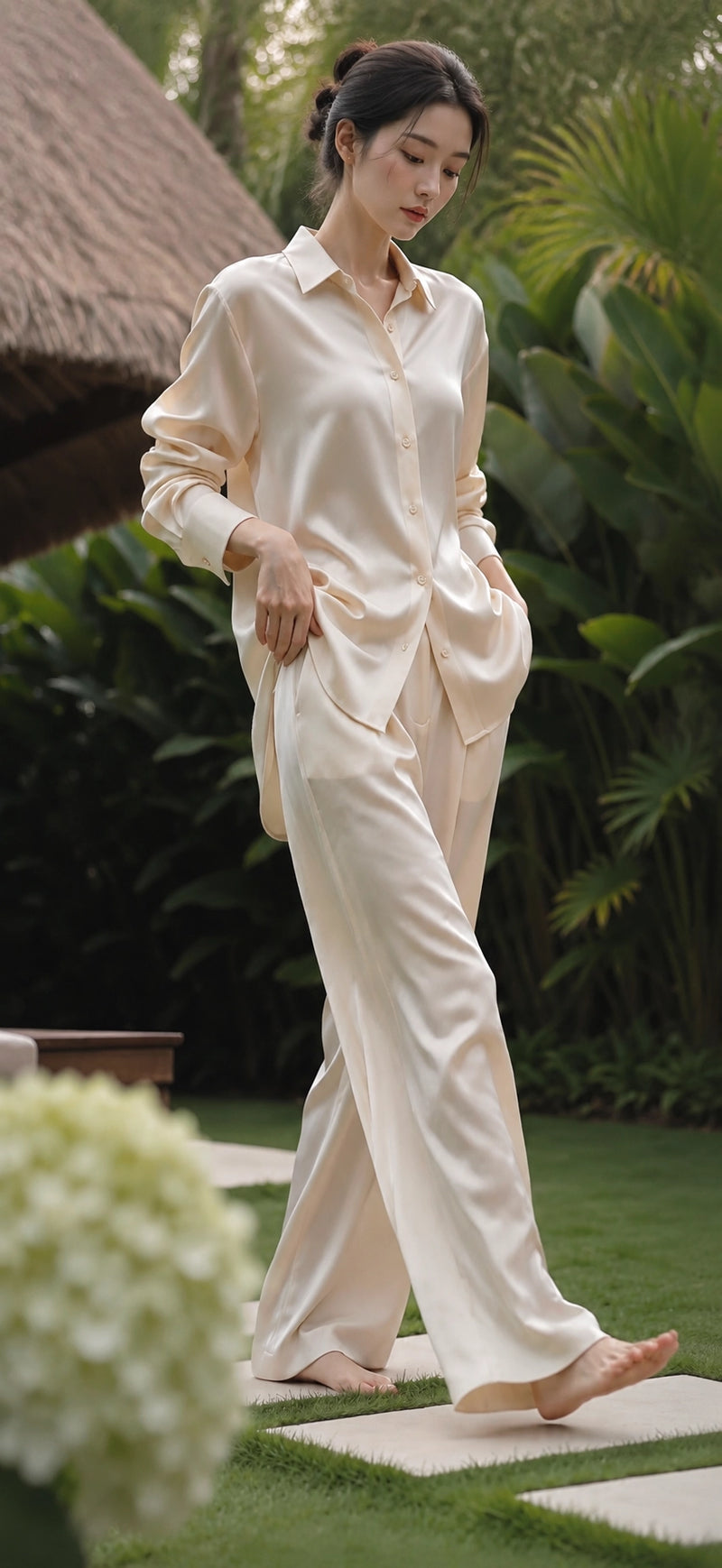 Silk Button Up Shirt and Relaxed Pants Set | SBH-009