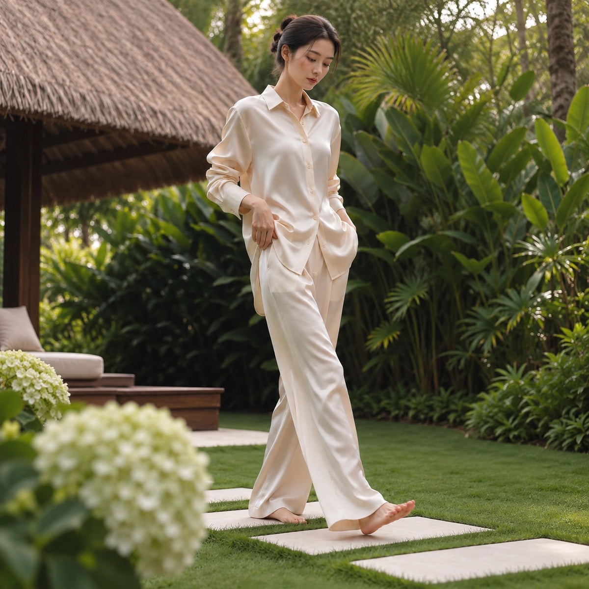 Silk Button Up Shirt and Relaxed Pants Set | SBH-009