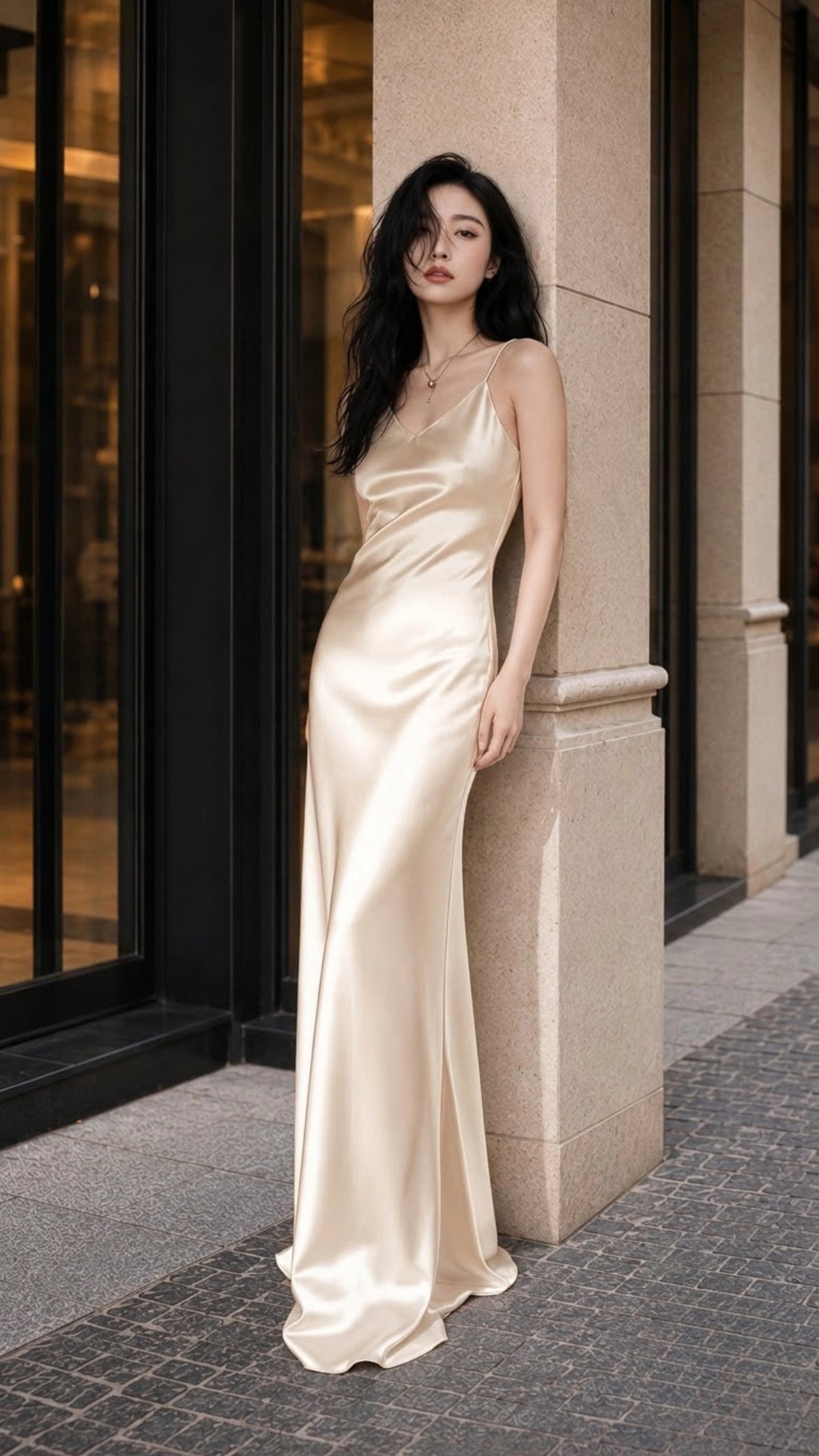 Silk V Neck Slip Maxi Dress with Slim Straps  SBH-012