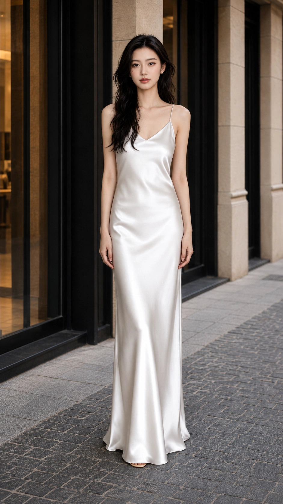 Silk V Neck Slip Maxi Dress with Slim Straps  SBH-012