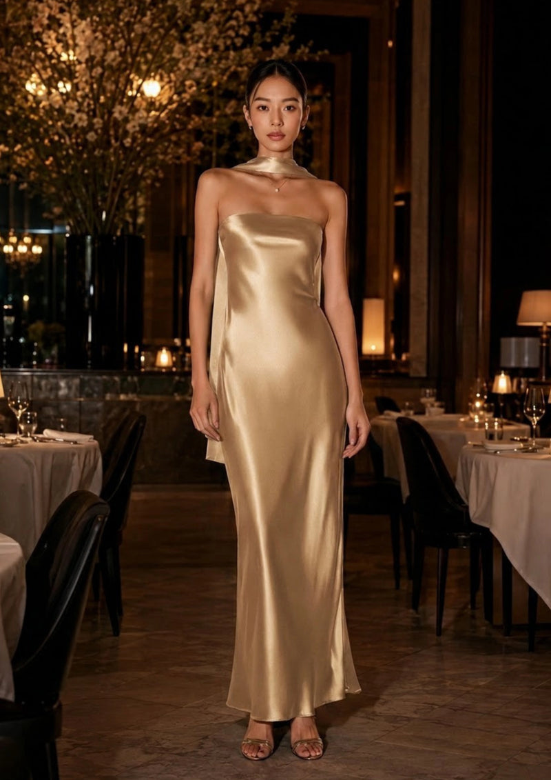 Strapless Silk Dress with Scarf Neck Detail | SBH-014