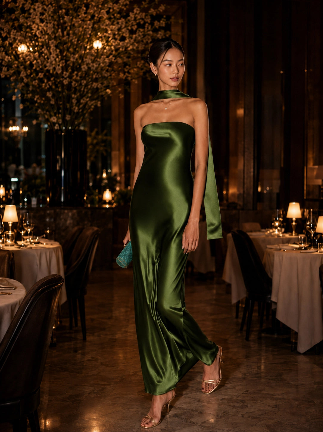 Strapless Silk Dress with Scarf Neck Detail | SBH-014