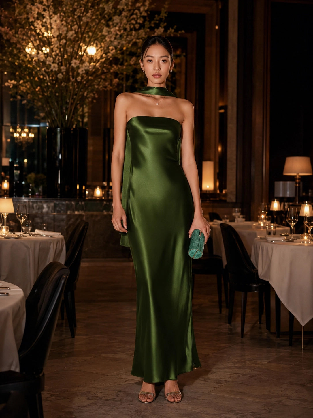 Strapless Silk Dress with Scarf Neck Detail | SBH-014
