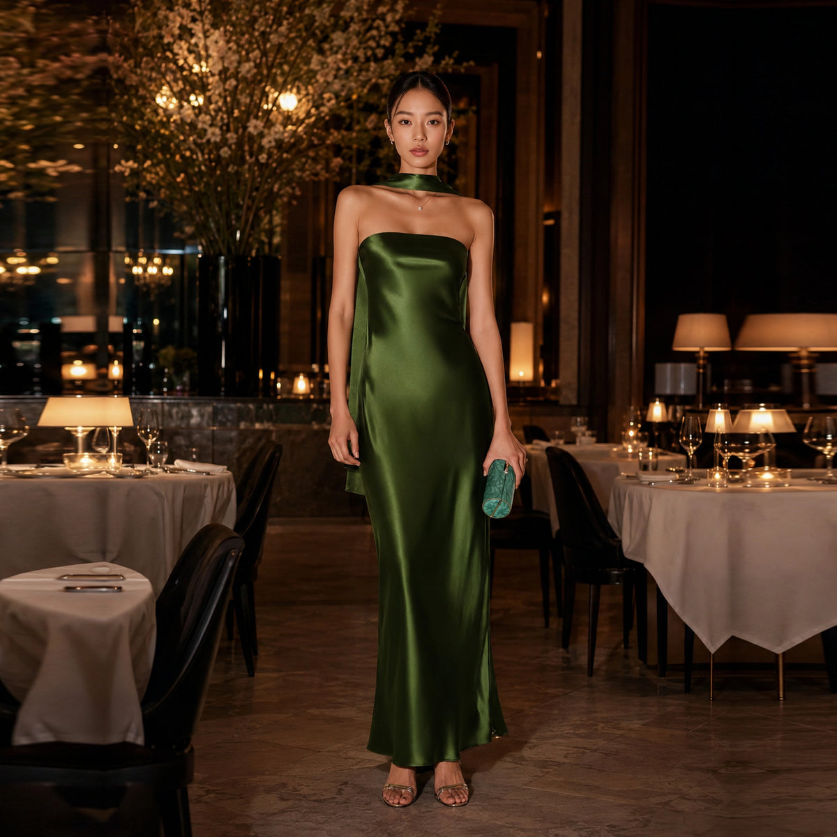 Strapless Silk Dress with Scarf Neck Detail | SBH-014