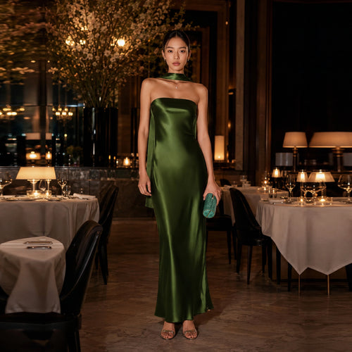 Strapless Silk Dress with Scarf Neck Detail | SBH-014