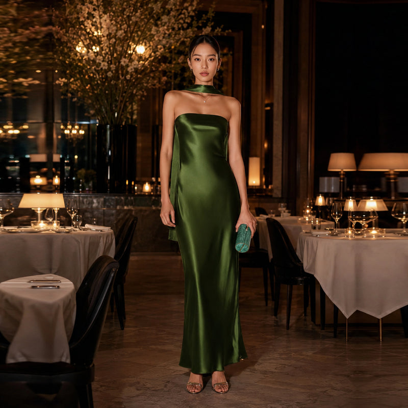 Strapless Silk Dress with Scarf Neck Detail | SBH-014