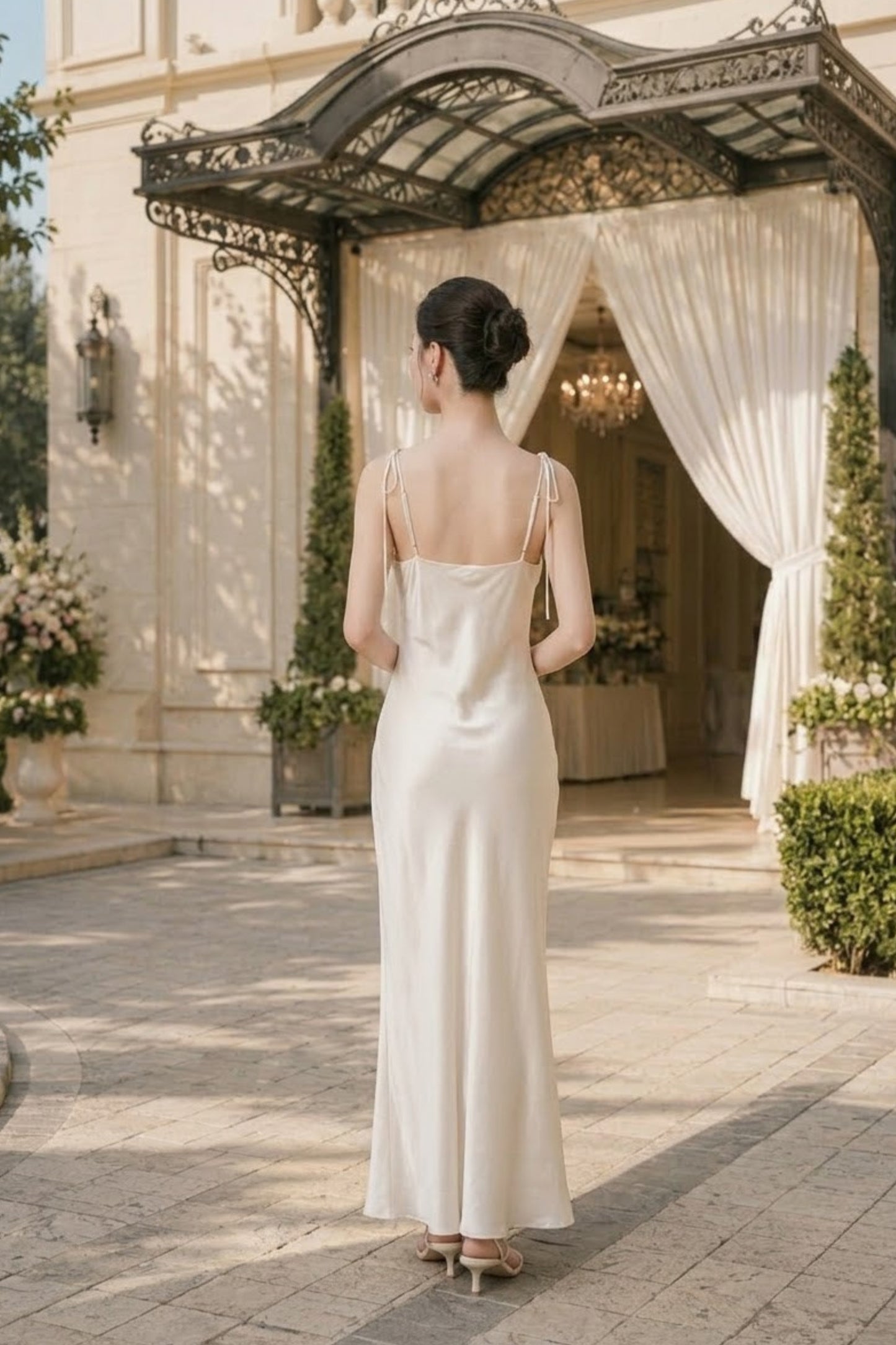 Exquisitely Chic Olive Green Satin Backless Slip Midi Dress