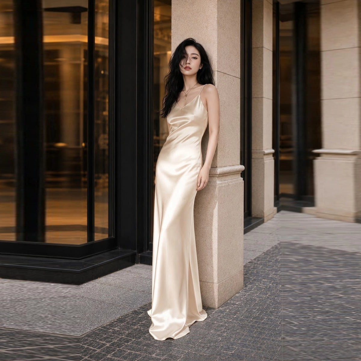 Silk V Neck Slip Maxi Dress with Slim Straps  SBH-012
