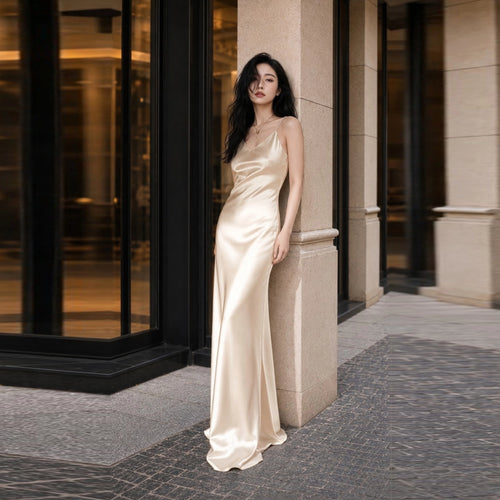 Silk V Neck Slip Maxi Dress with Slim Straps  SBH-012