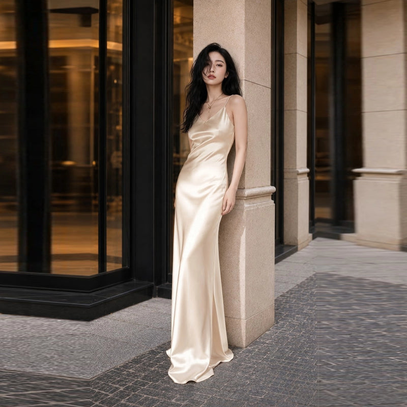 Silk V Neck Slip Maxi Dress with Slim Straps  SBH-012